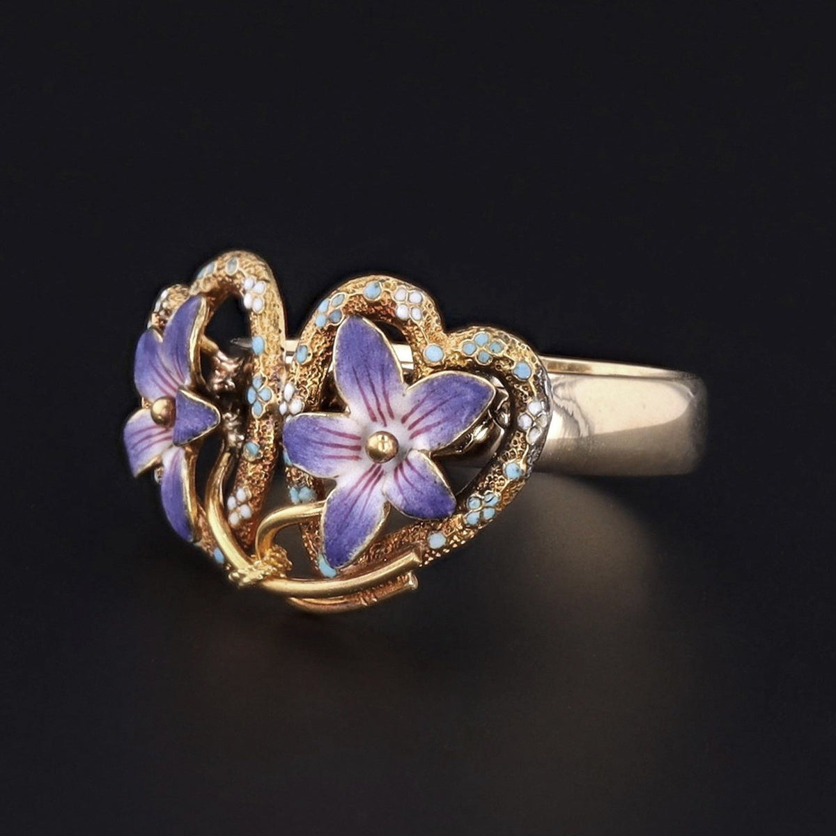 10k Gold &amp; Enamel Violet Ring | Antique Flower Ring - Trademark Antiques