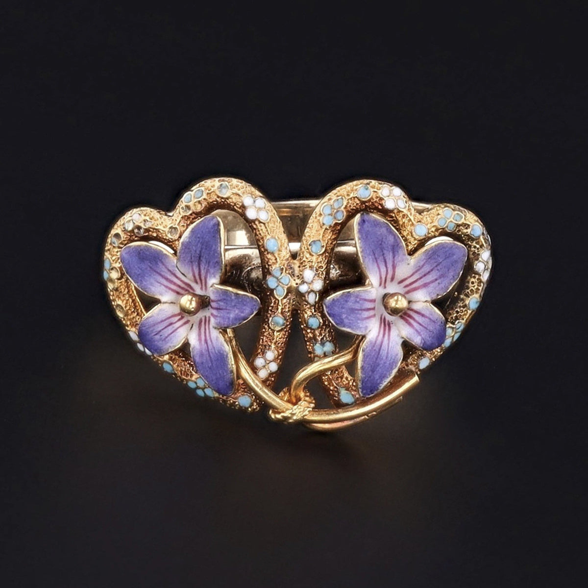 10k Gold &amp; Enamel Violet Ring | Antique Flower Ring - Trademark Antiques