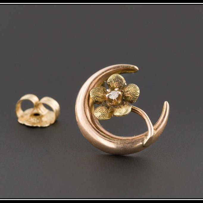 10k Gold Flower &amp; Crescent Moon Single Stud Earring | Antique Stick Pin Conversion Earring - Trademark Antiques