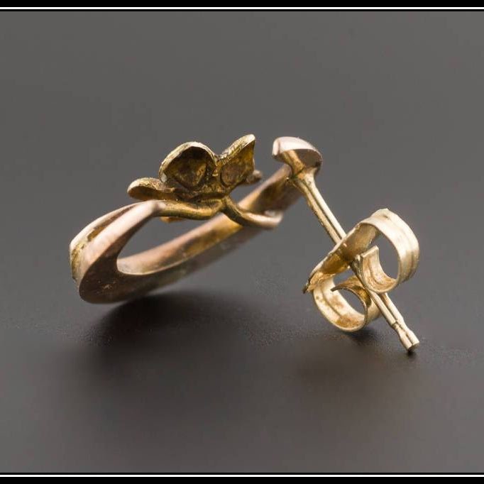 10k Gold Flower &amp; Crescent Moon Single Stud Earring | Antique Stick Pin Conversion Earring - Trademark Antiques