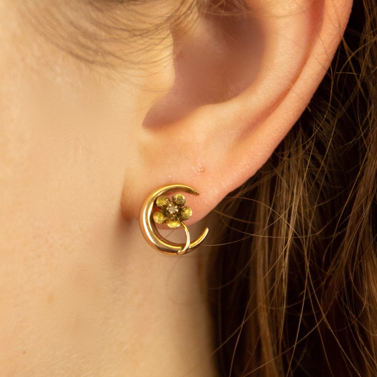 10k Gold Flower &amp; Crescent Moon Single Stud Earring | Antique Stick Pin Conversion Earring - Trademark Antiques