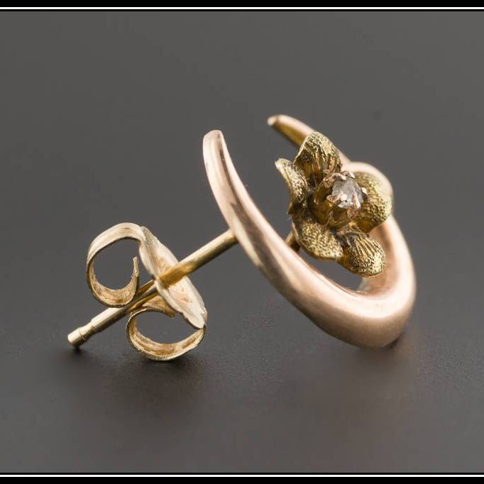 10k Gold Flower &amp; Crescent Moon Single Stud Earring | Antique Stick Pin Conversion Earring - Trademark Antiques