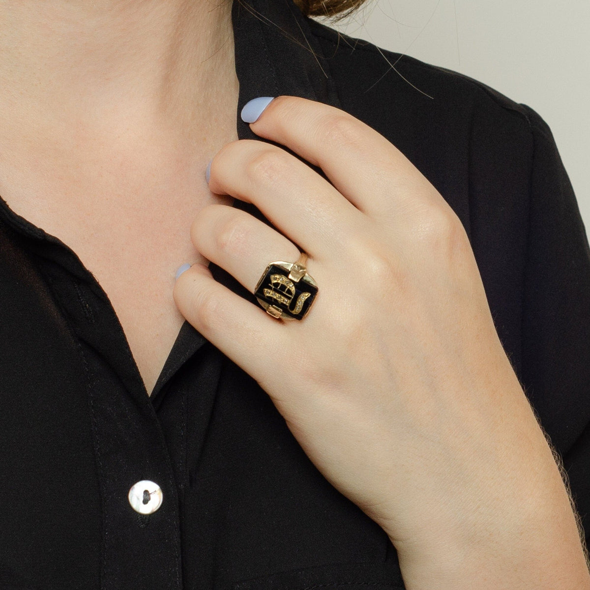 10k Gold Letter A Signet Ring | Antique Onyx &amp; Diamond Initial A Ring - Trademark Antiques