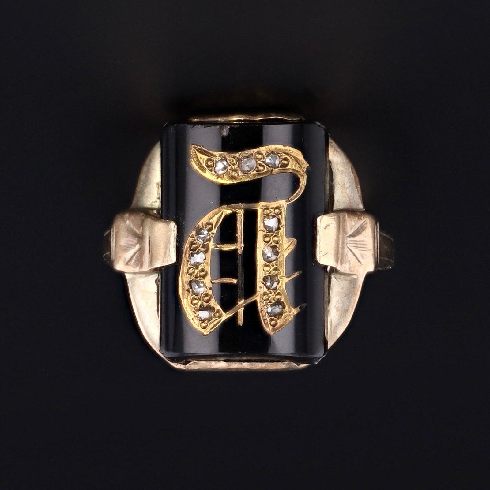 10k Gold Letter A Signet Ring | Antique Onyx & Diamond Initial A Ring - Trademark Antiques
