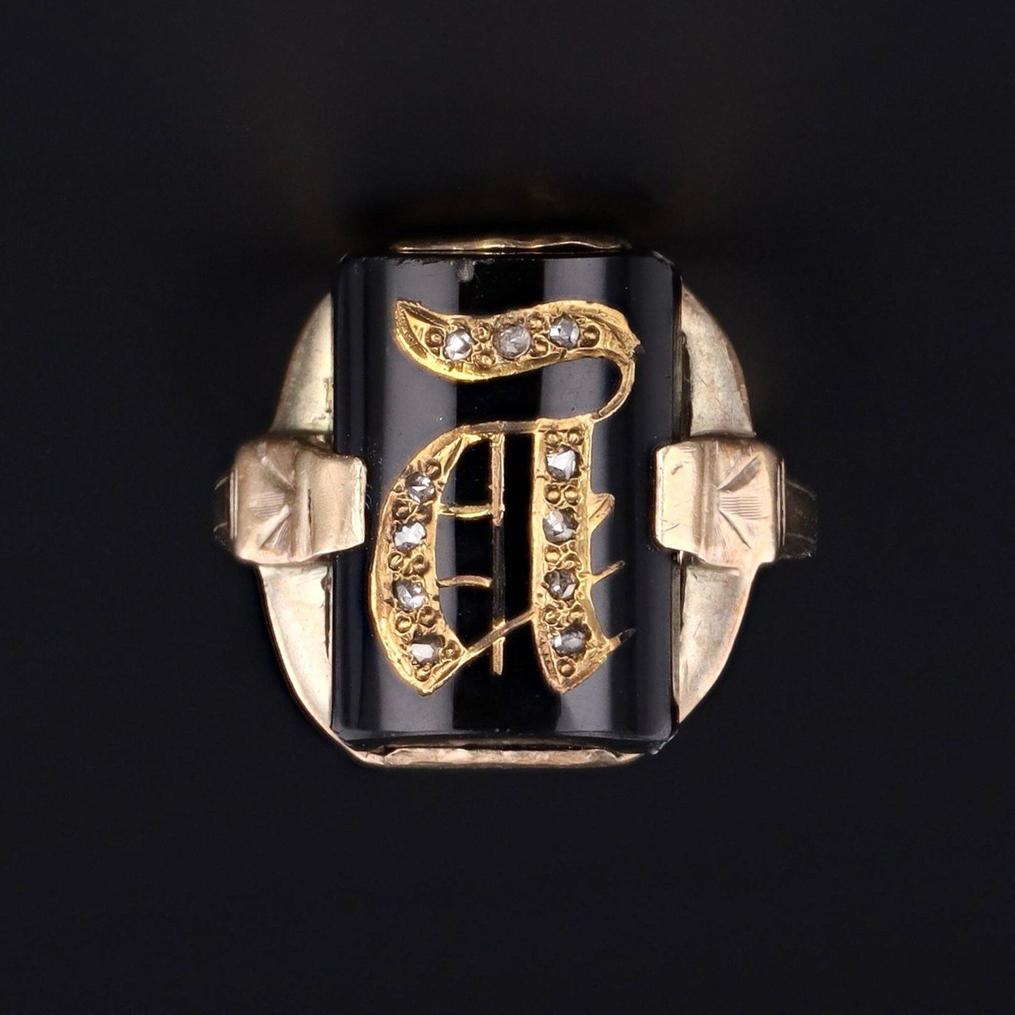 10k Gold Letter A Signet Ring | Antique Onyx & Diamond Initial A Ring - Trademark Antiques