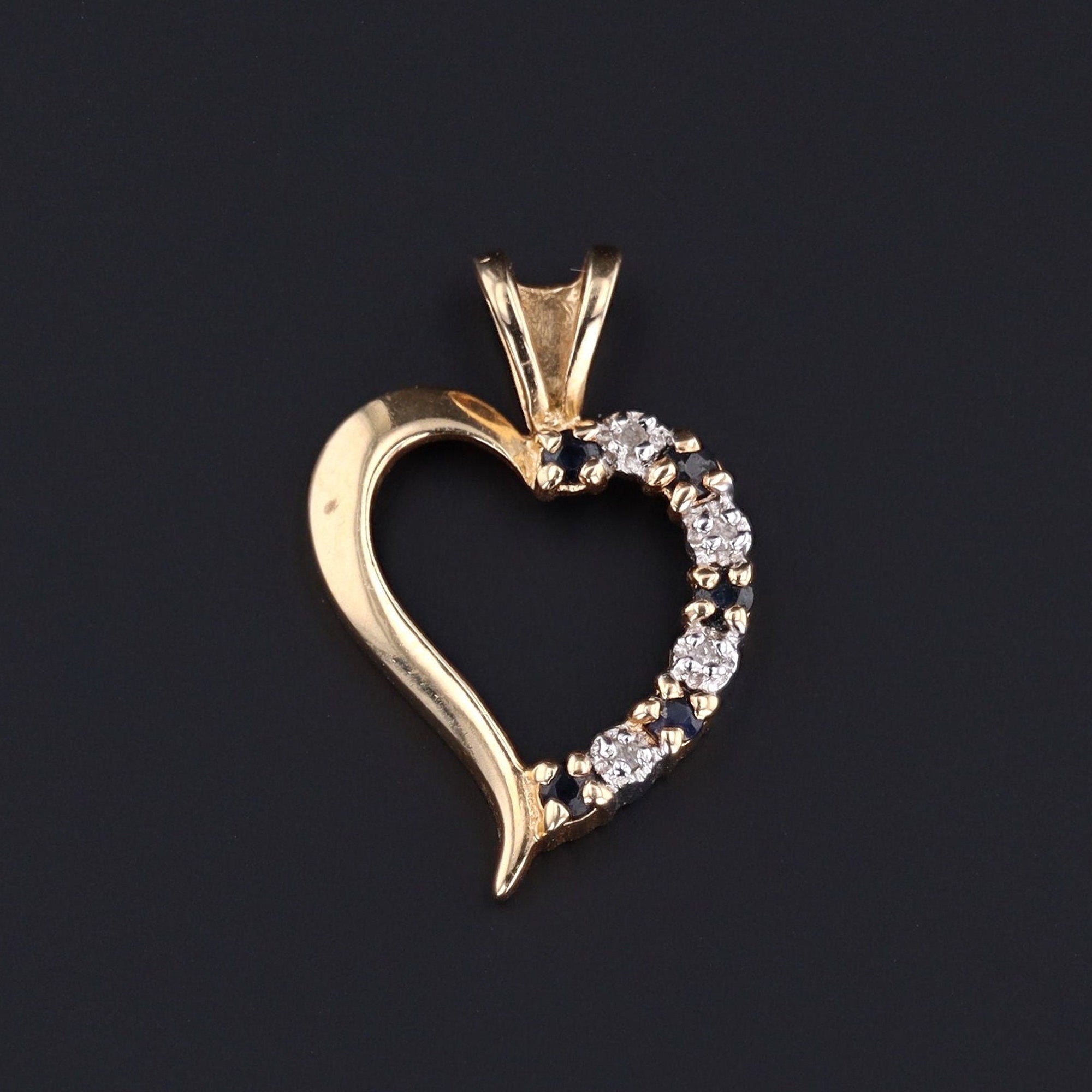 14k Diamond & Sapphire Heart Pendant | 14k Gold Heart Pendant - Trademark Antiques