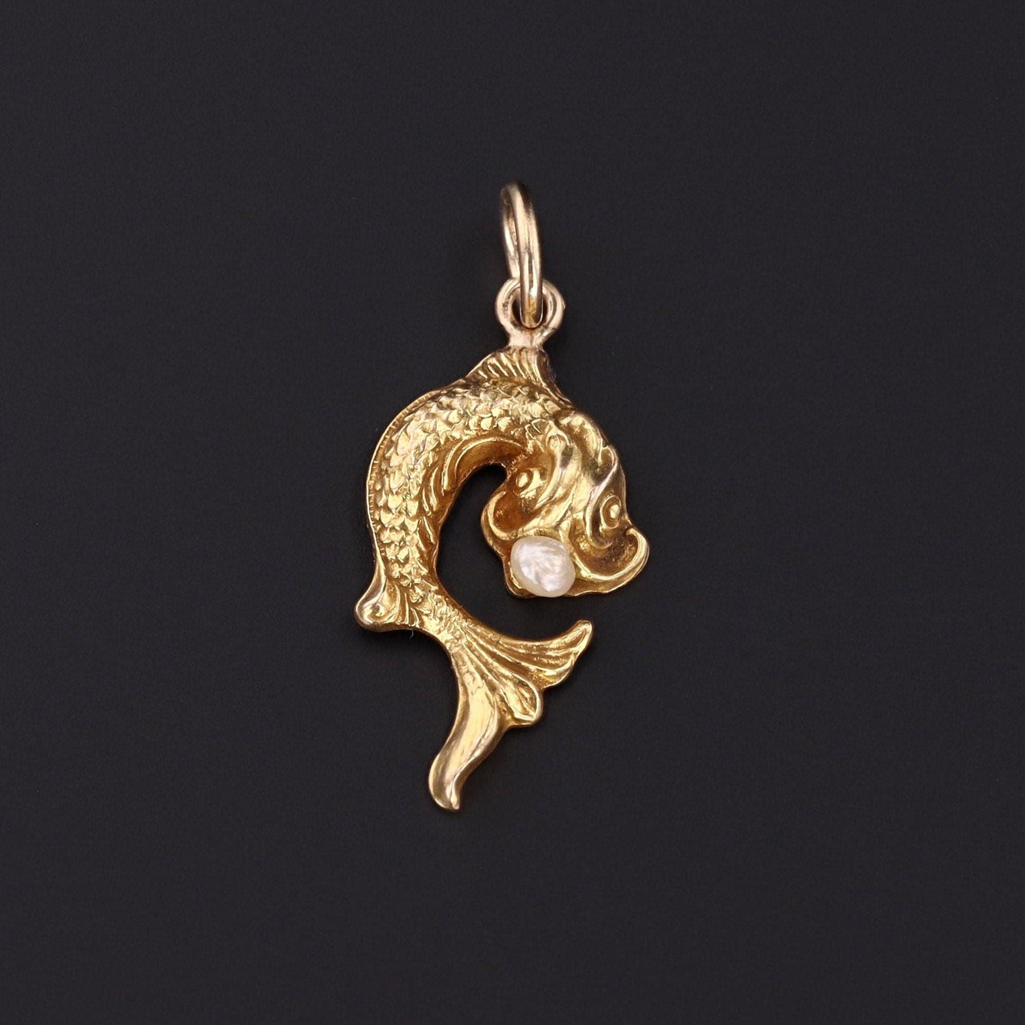 14k Fish Charm or Pendant | 14k Fish with Pearl Pendant - Trademark Antiques