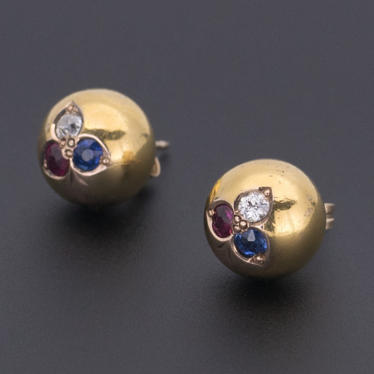 14k God Ball Earrings | Antique Sapphire Ruby and Diamond Shamrock Earrings - Trademark Antiques