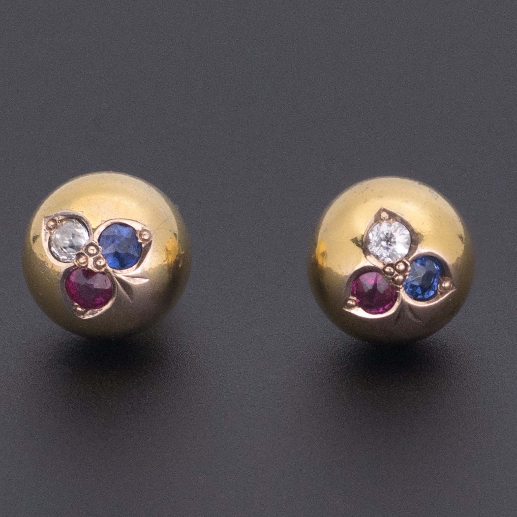 14k God Ball Earrings | Antique Sapphire Ruby and Diamond Shamrock Earrings - Trademark Antiques