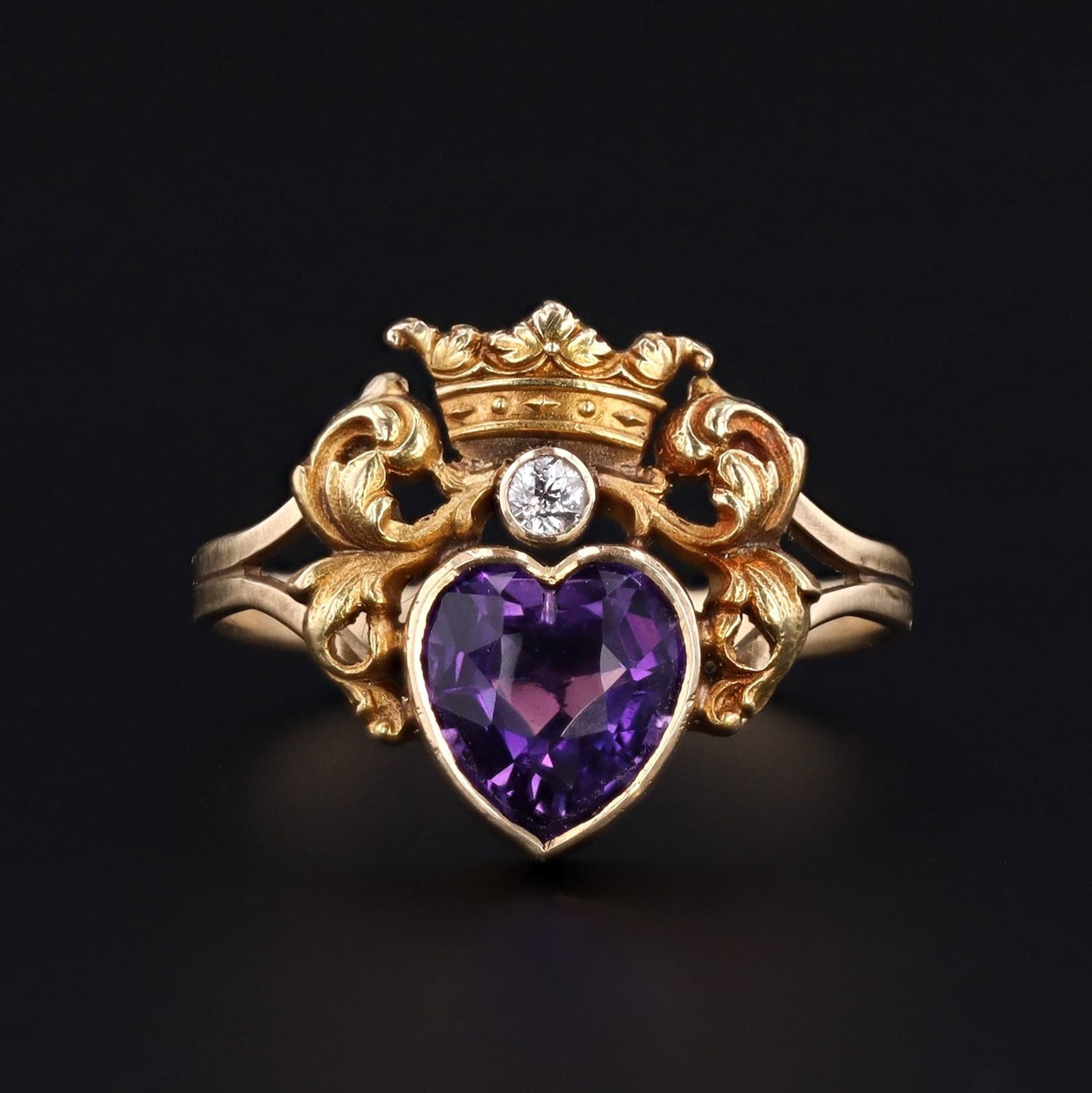 14k Gold Amethyst & Diamond Heart Ring | Antique Pin Conversion Ring - Trademark Antiques