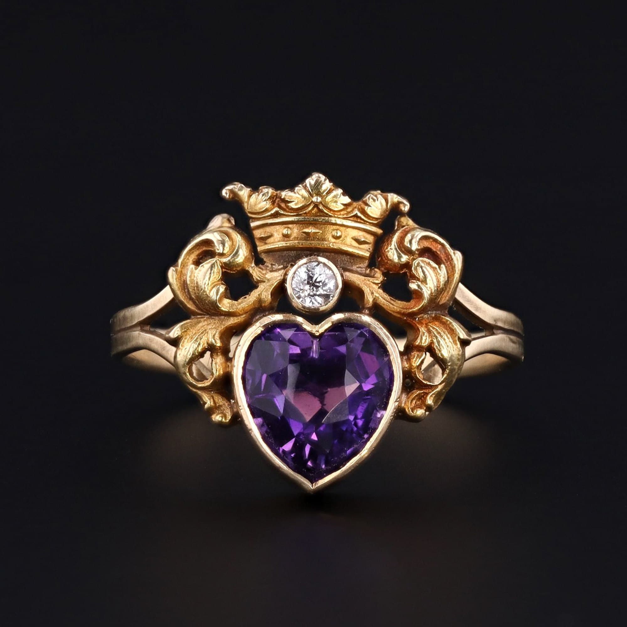 14k Gold Amethyst & Diamond Heart Ring | Antique Pin Conversion Ring - Trademark Antiques