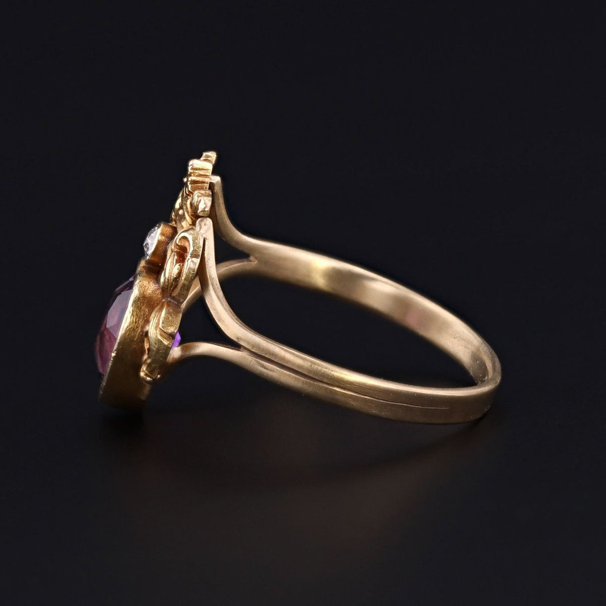 14k Gold Amethyst &amp; Diamond Heart Ring | Antique Pin Conversion Ring - Trademark Antiques