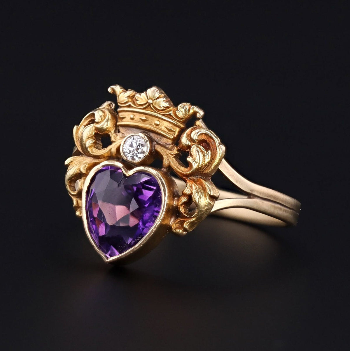 14k Gold Amethyst &amp; Diamond Heart Ring | Antique Pin Conversion Ring - Trademark Antiques