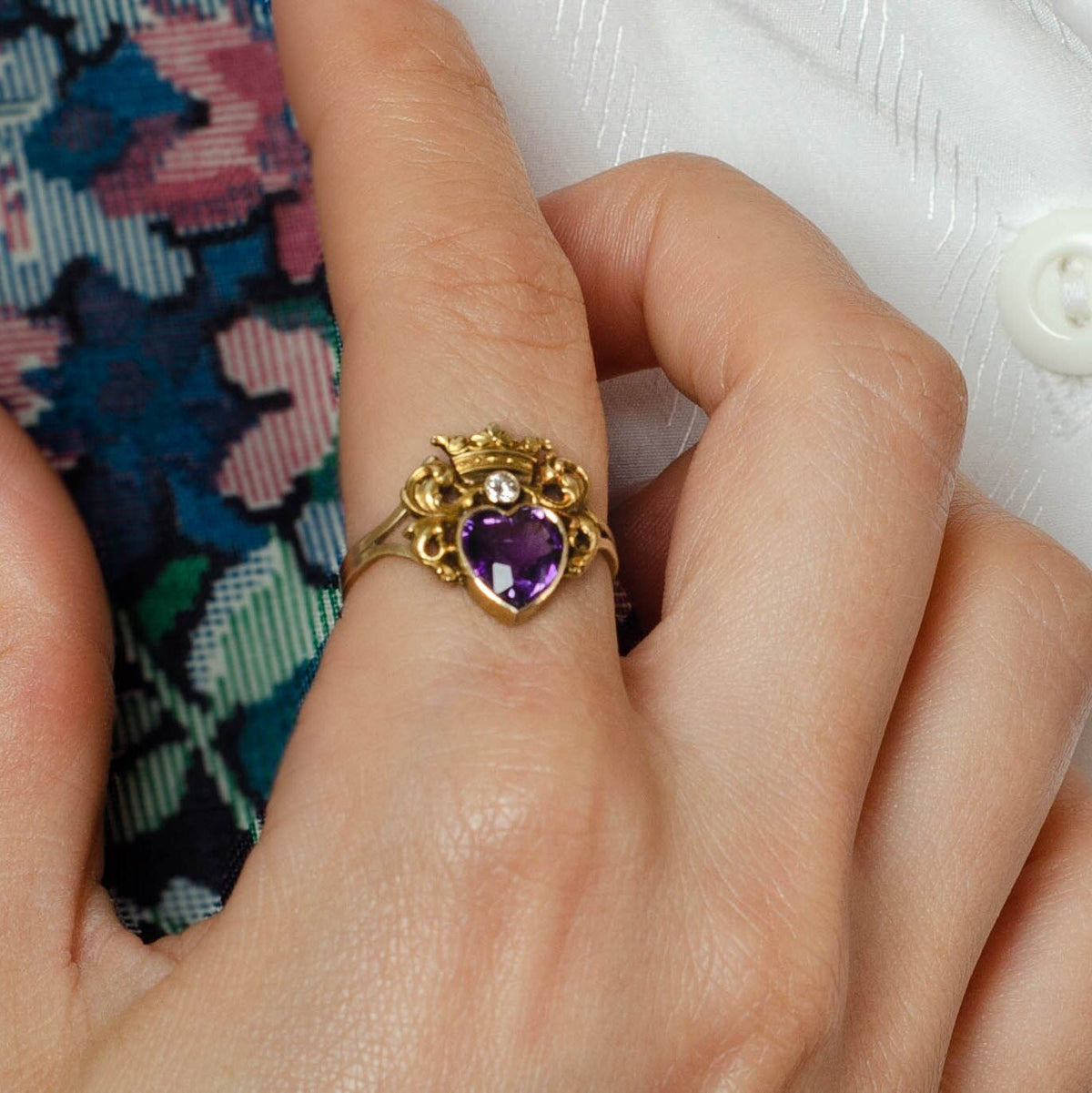 14k Gold Amethyst &amp; Diamond Heart Ring | Antique Pin Conversion Ring - Trademark Antiques