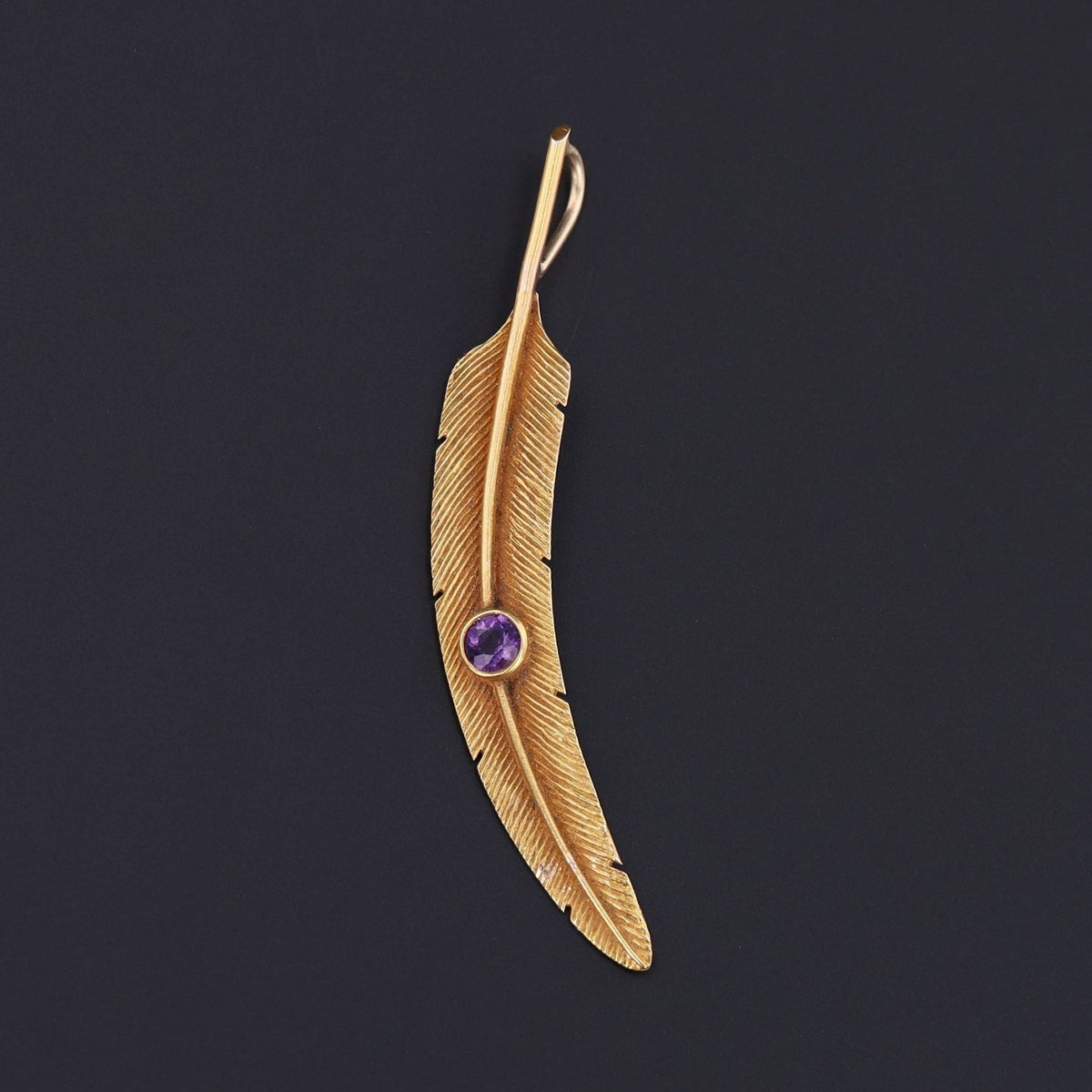 14k Gold &amp; Amethyst Feather Pendant | Antique Pin Conversion - Trademark Antiques