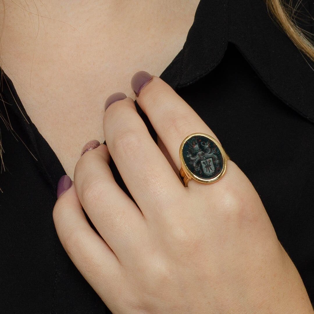 14k Gold Bloodstone Signet Ring | Antique Signet Ring - Trademark Antiques