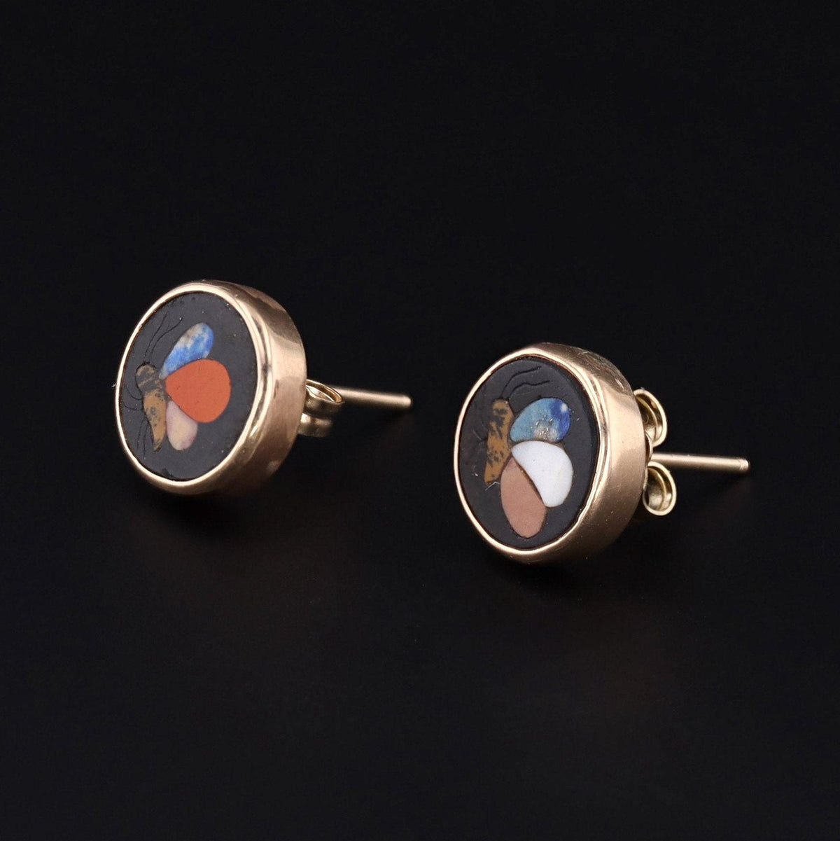 14k Gold Butterfly Earrings | Pietra Dura Earrings - Trademark Antiques