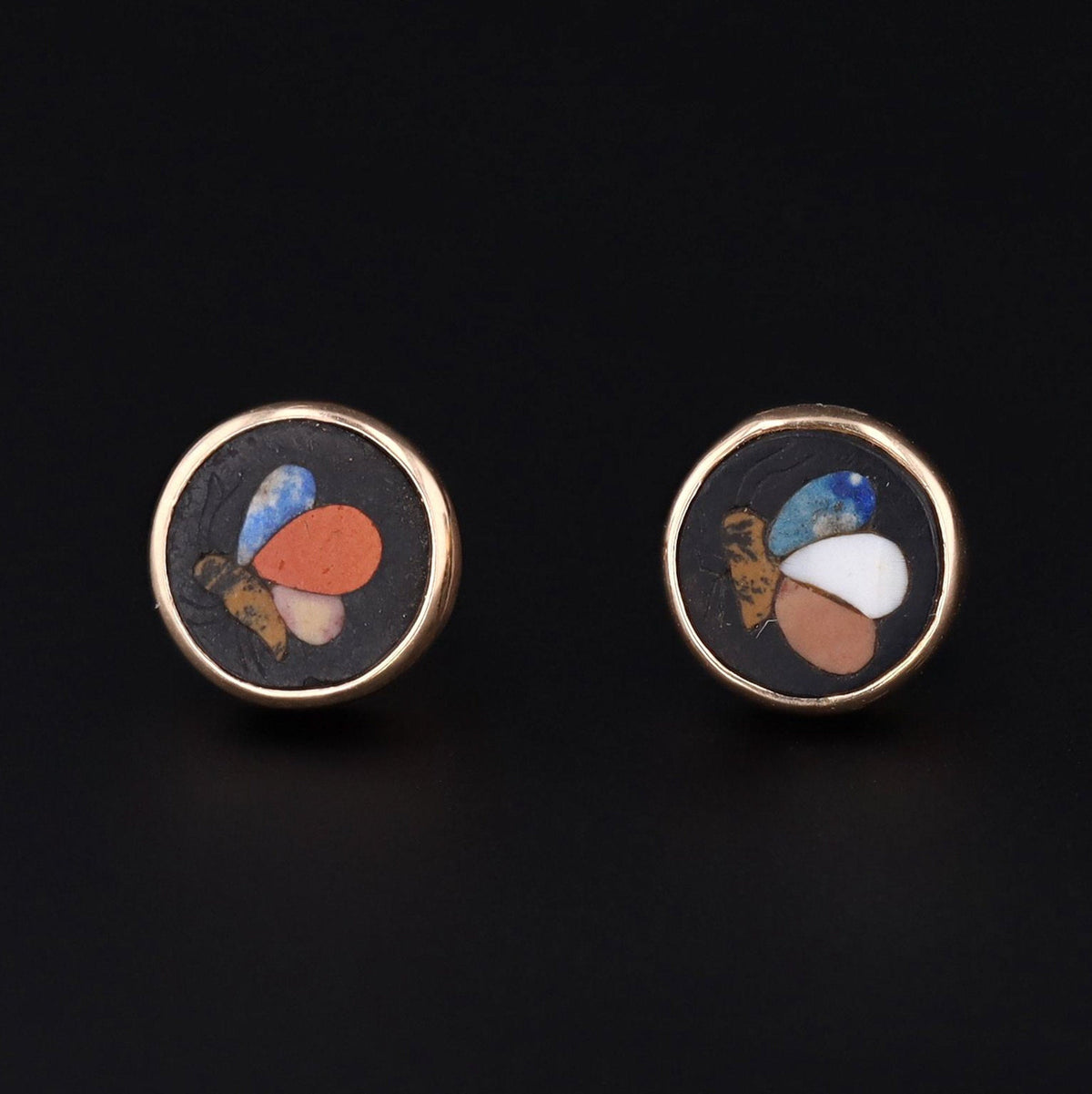 14k Gold Butterfly Earrings | Pietra Dura Earrings - Trademark Antiques