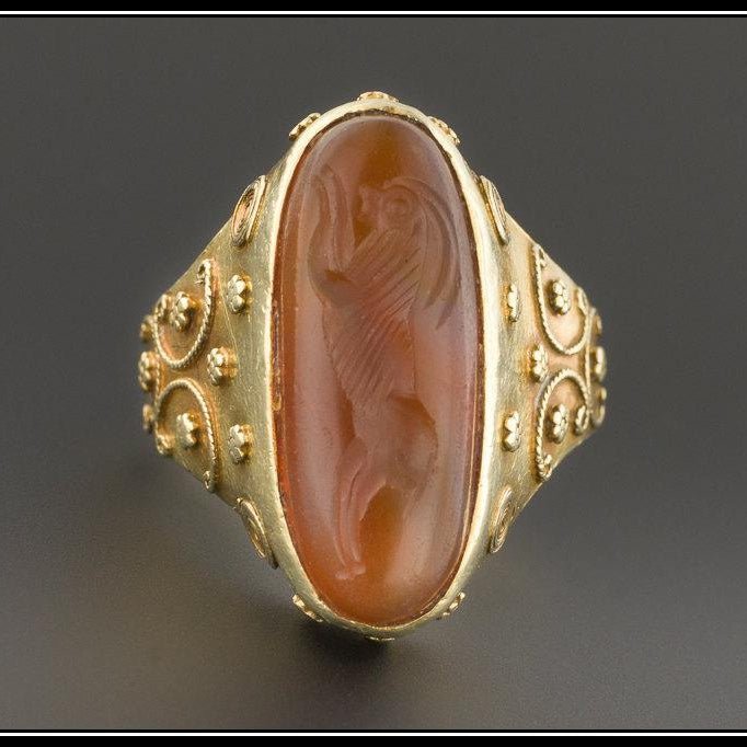 14k Gold &amp; Carnelian Aries Ring | Vintage Aries Ring - Trademark Antiques