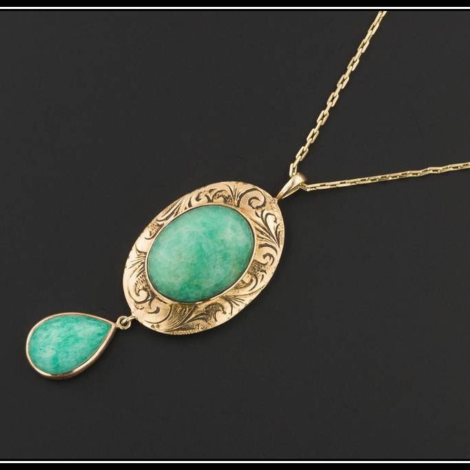 14k Gold Chrysoprase Pendant | Antique Pin Conversion Necklace - Trademark Antiques