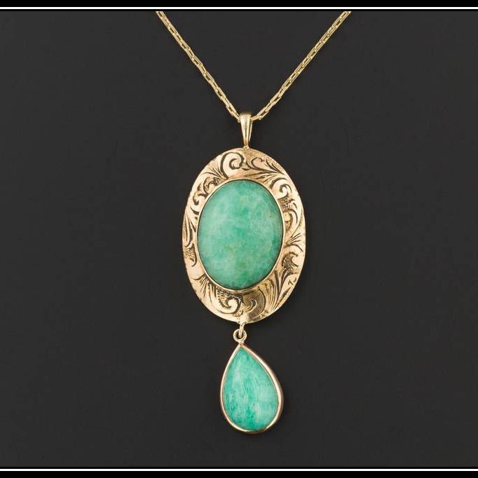 14k Gold Chrysoprase Pendant | Antique Pin Conversion Necklace - Trademark Antiques