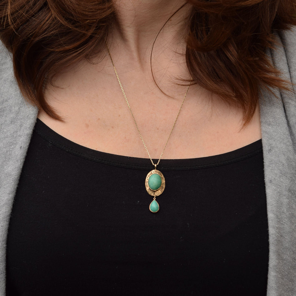 14k Gold Chrysoprase Pendant | Antique Pin Conversion Necklace - Trademark Antiques