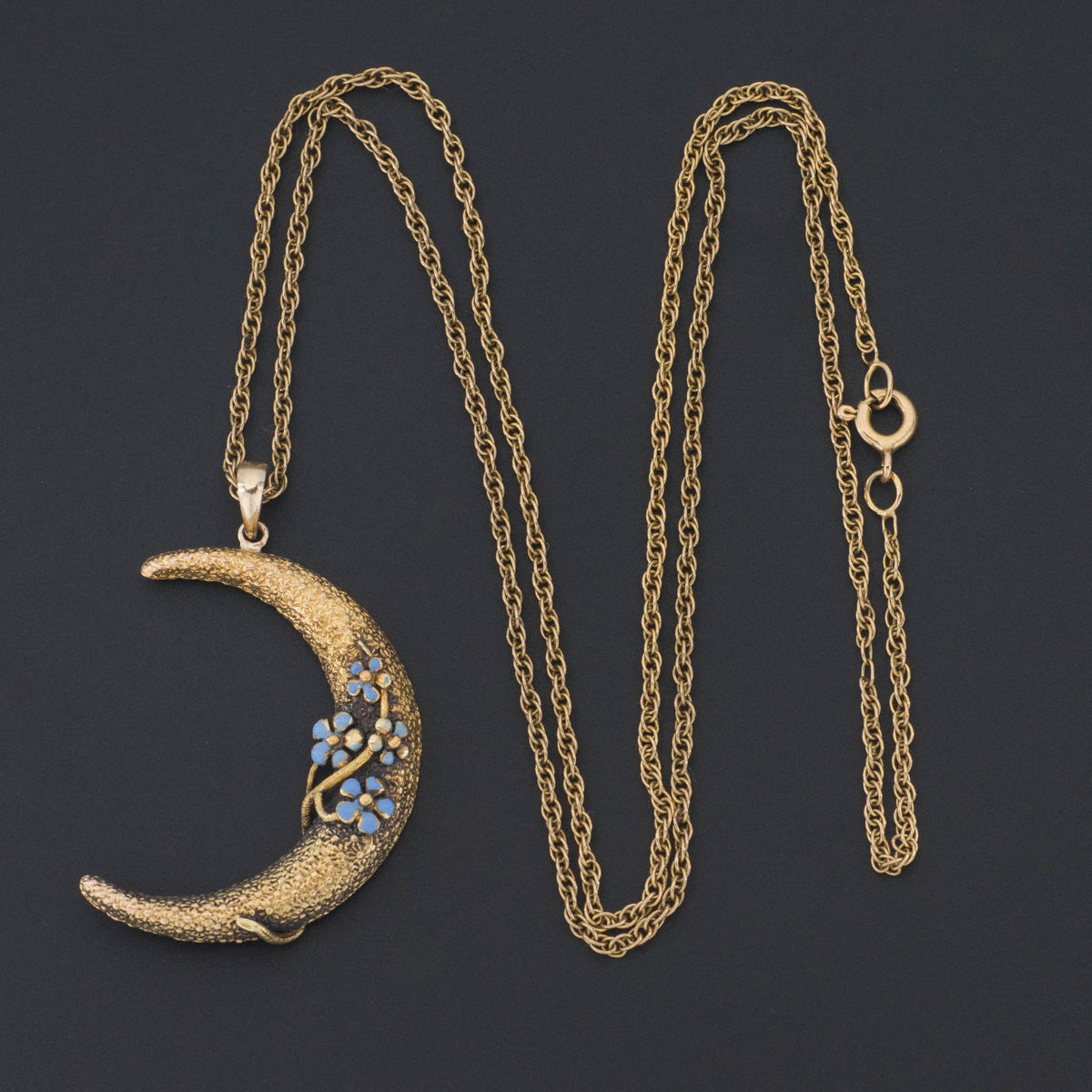 14k Gold Crescent Moon | Forget - me - not Crescent Pendant - Trademark Antiques