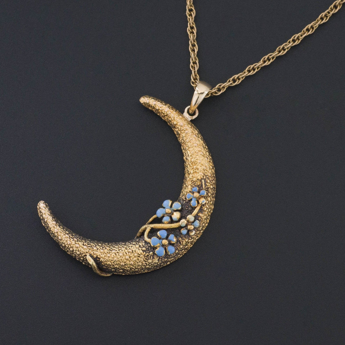 14k Gold Crescent Moon | Forget - me - not Crescent Pendant - Trademark Antiques