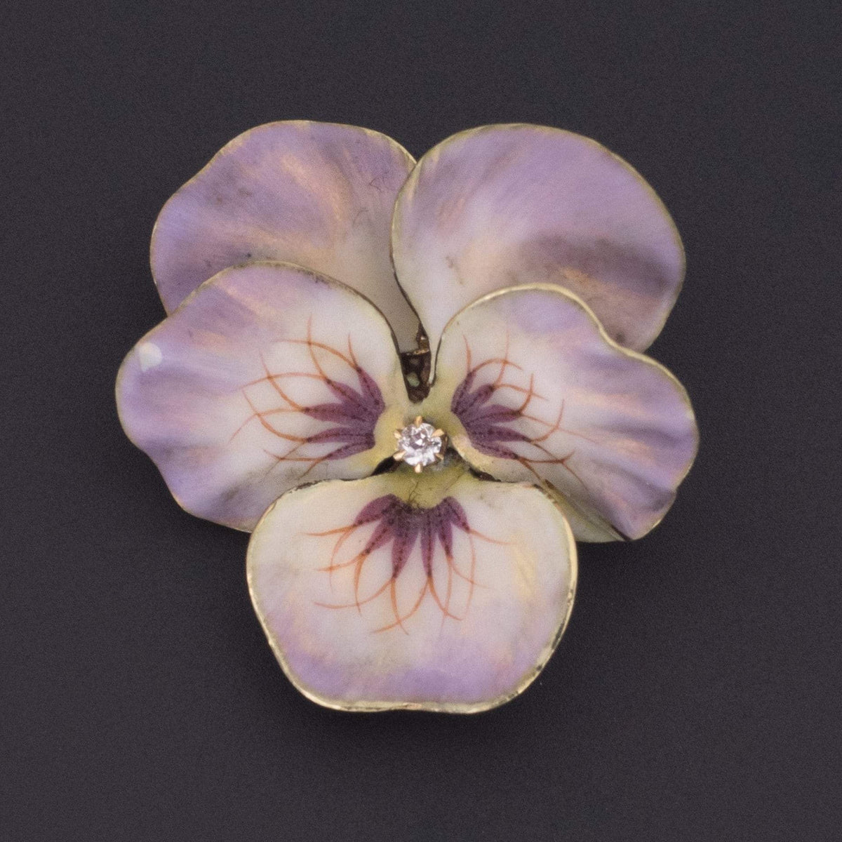14k Gold &amp; Diamond Pansy Brooch | Antique Pansy Brooch - Trademark Antiques