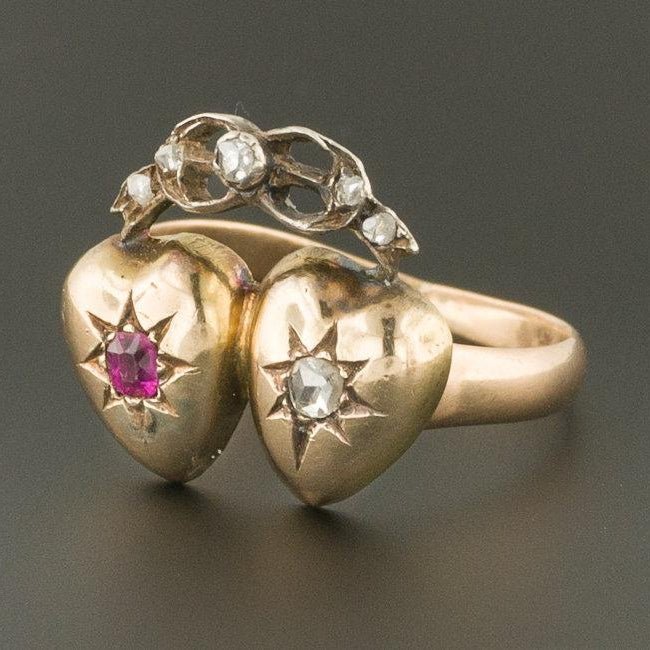 14k Gold Double Heart Ring | Antique Pin Conversion Ring - Trademark Antiques