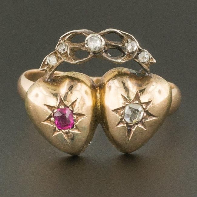 14k Gold Double Heart Ring | Antique Pin Conversion Ring - Trademark Antiques