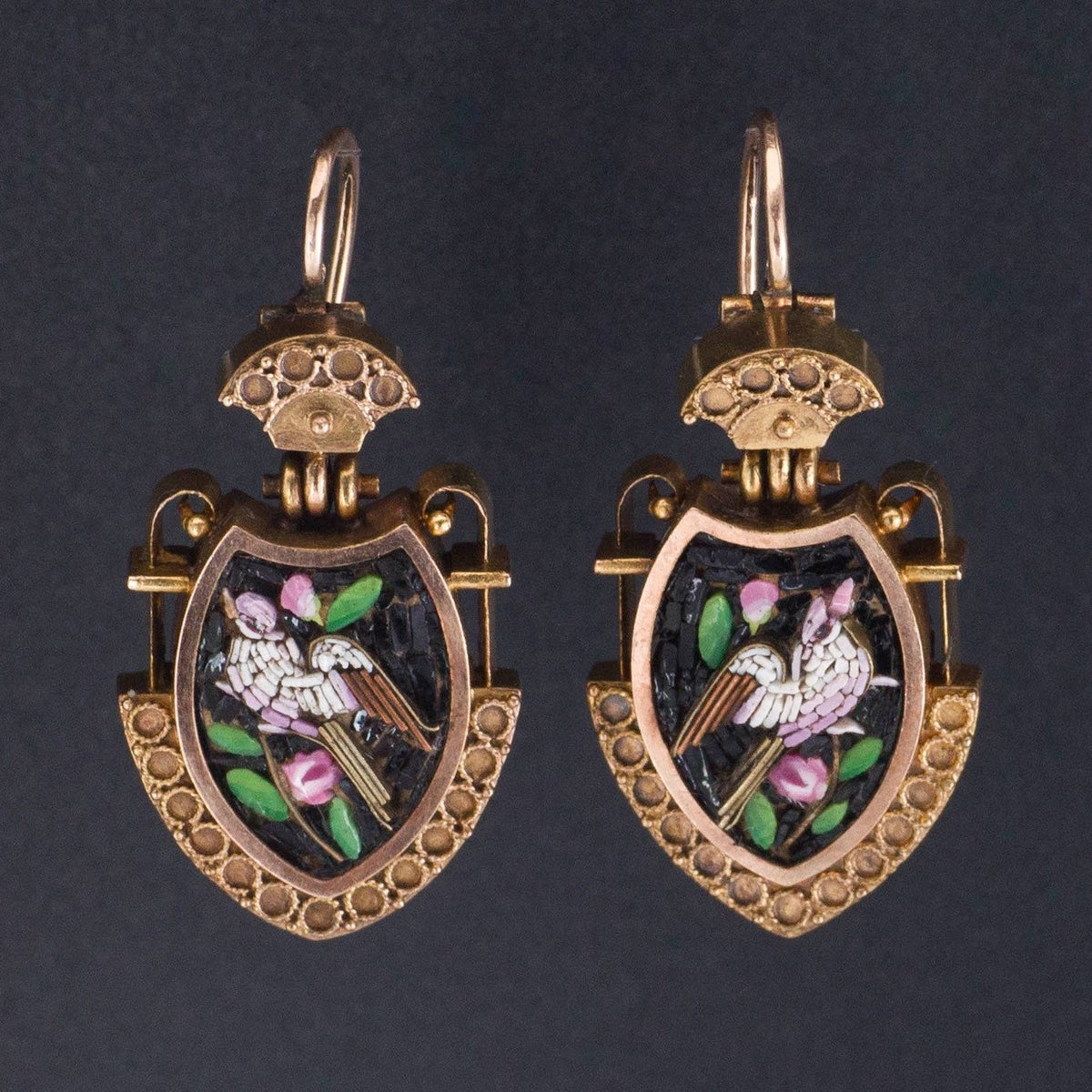 14k Gold Dove Earrings | Pietra Dura Earrings - Trademark Antiques
