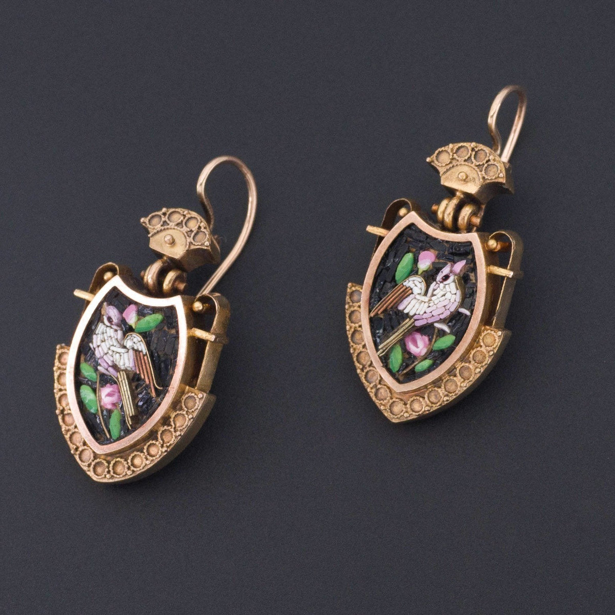 14k Gold Dove Earrings | Pietra Dura Earrings - Trademark Antiques