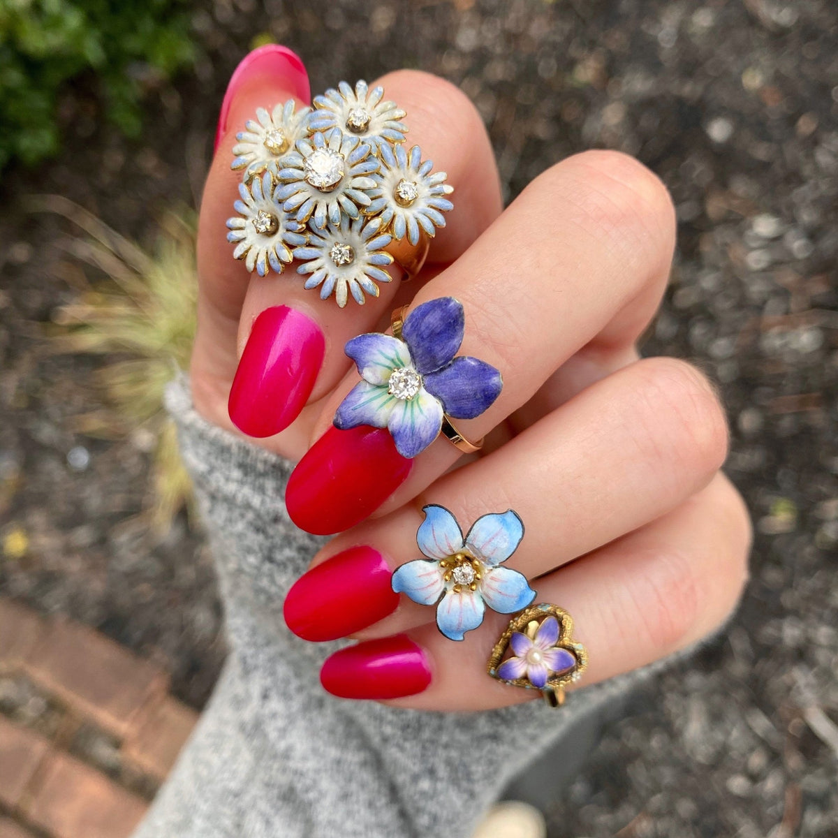 14k Gold Enamel and Diamond Flower Ring | Antique Pin Conversion Ring - Trademark Antiques