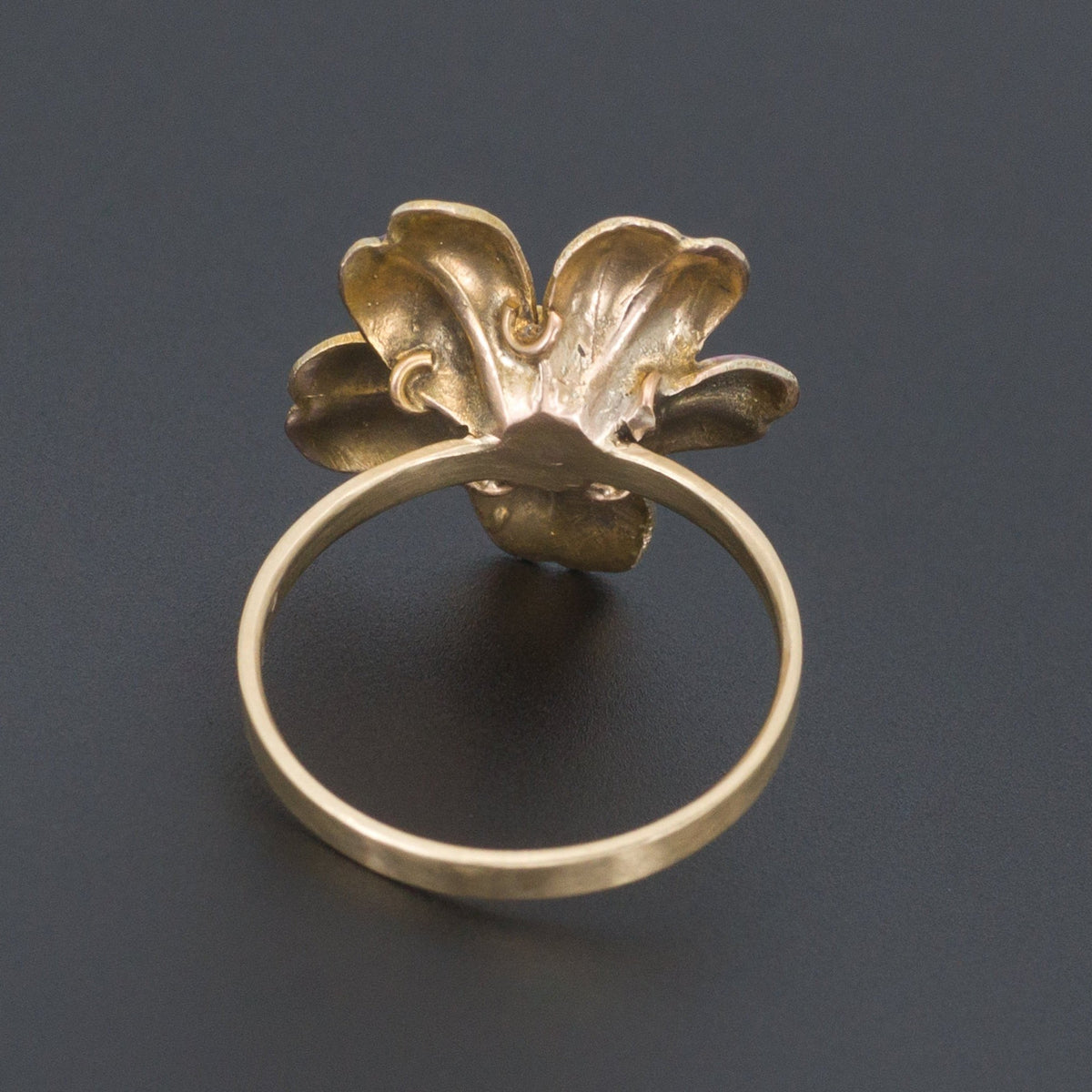 14k Gold Enamel and Diamond Flower Ring | Antique Pin Conversion Ring - Trademark Antiques