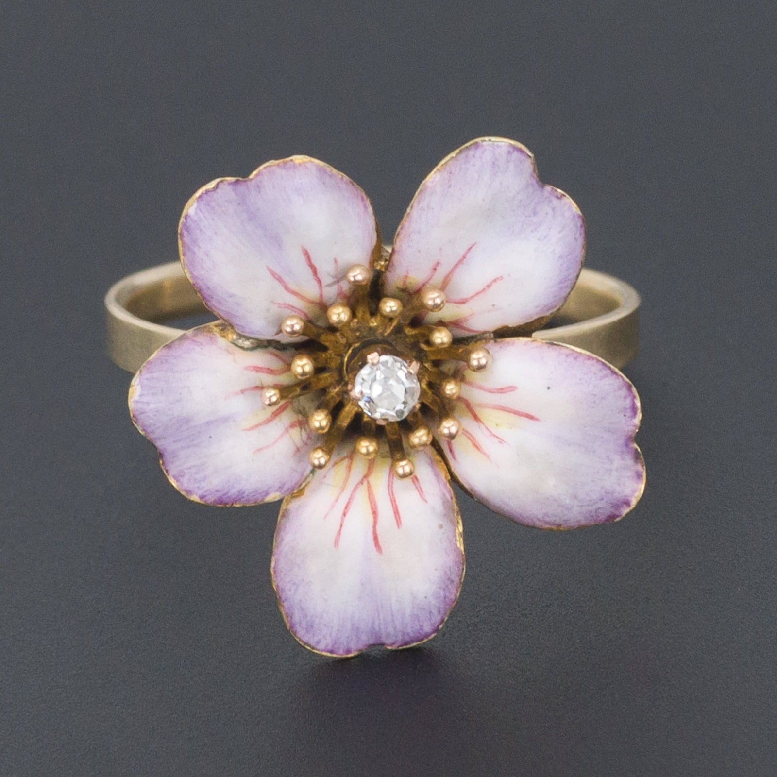 14k Gold Enamel and Diamond Flower Ring | Antique Pin Conversion Ring - Trademark Antiques
