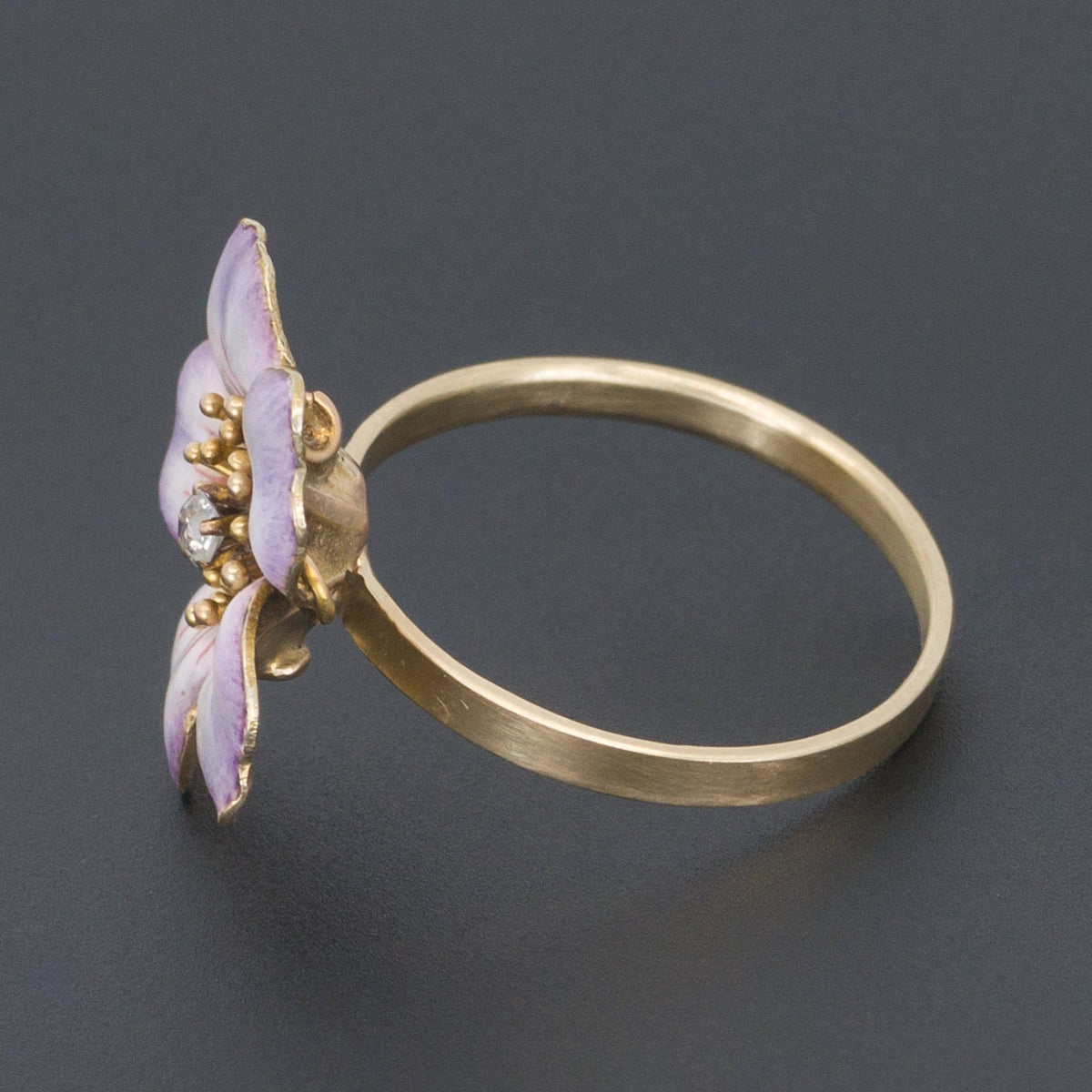 14k Gold Enamel and Diamond Flower Ring | Antique Pin Conversion Ring - Trademark Antiques