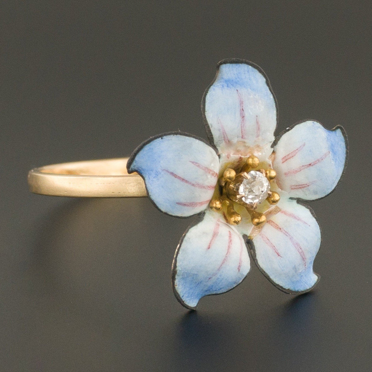 14k Gold Enamel and Diamond Flower Ring | Antique Pin Conversion Ring - Trademark Antiques