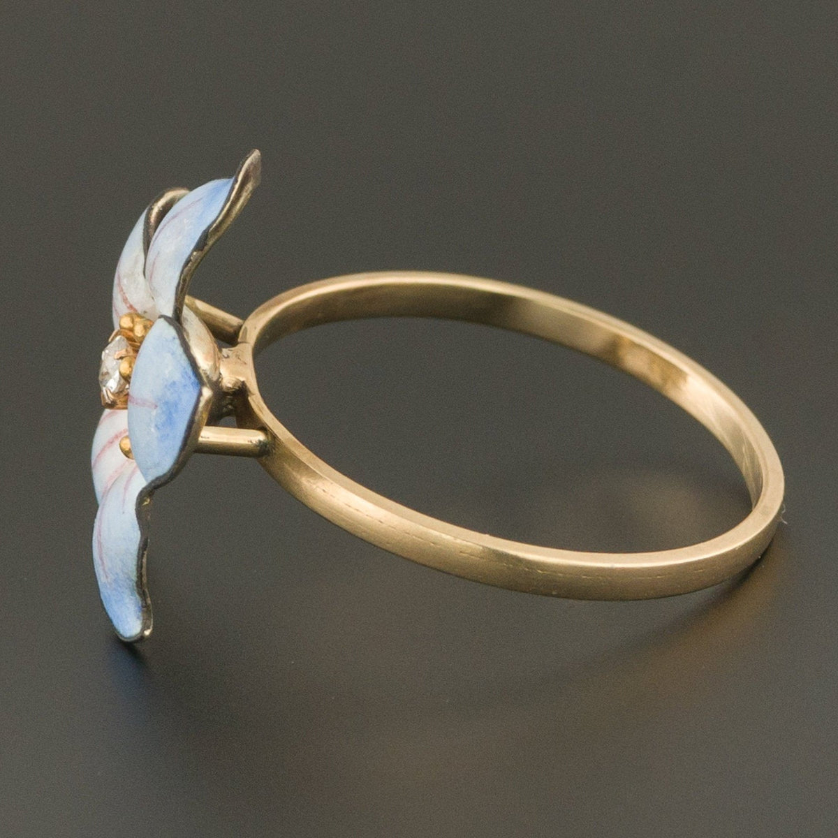 14k Gold Enamel and Diamond Flower Ring | Antique Pin Conversion Ring - Trademark Antiques