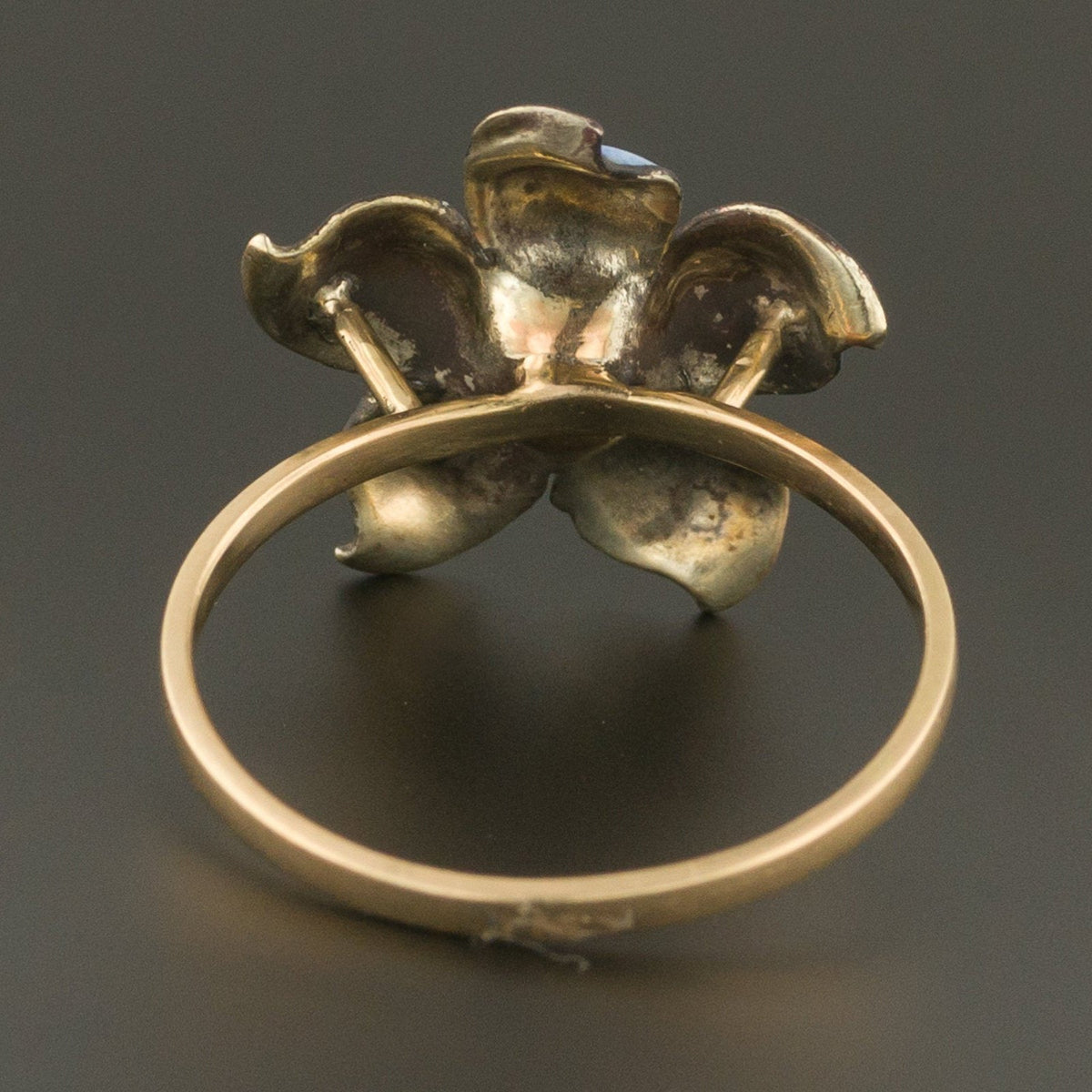 14k Gold Enamel and Diamond Flower Ring | Antique Pin Conversion Ring - Trademark Antiques