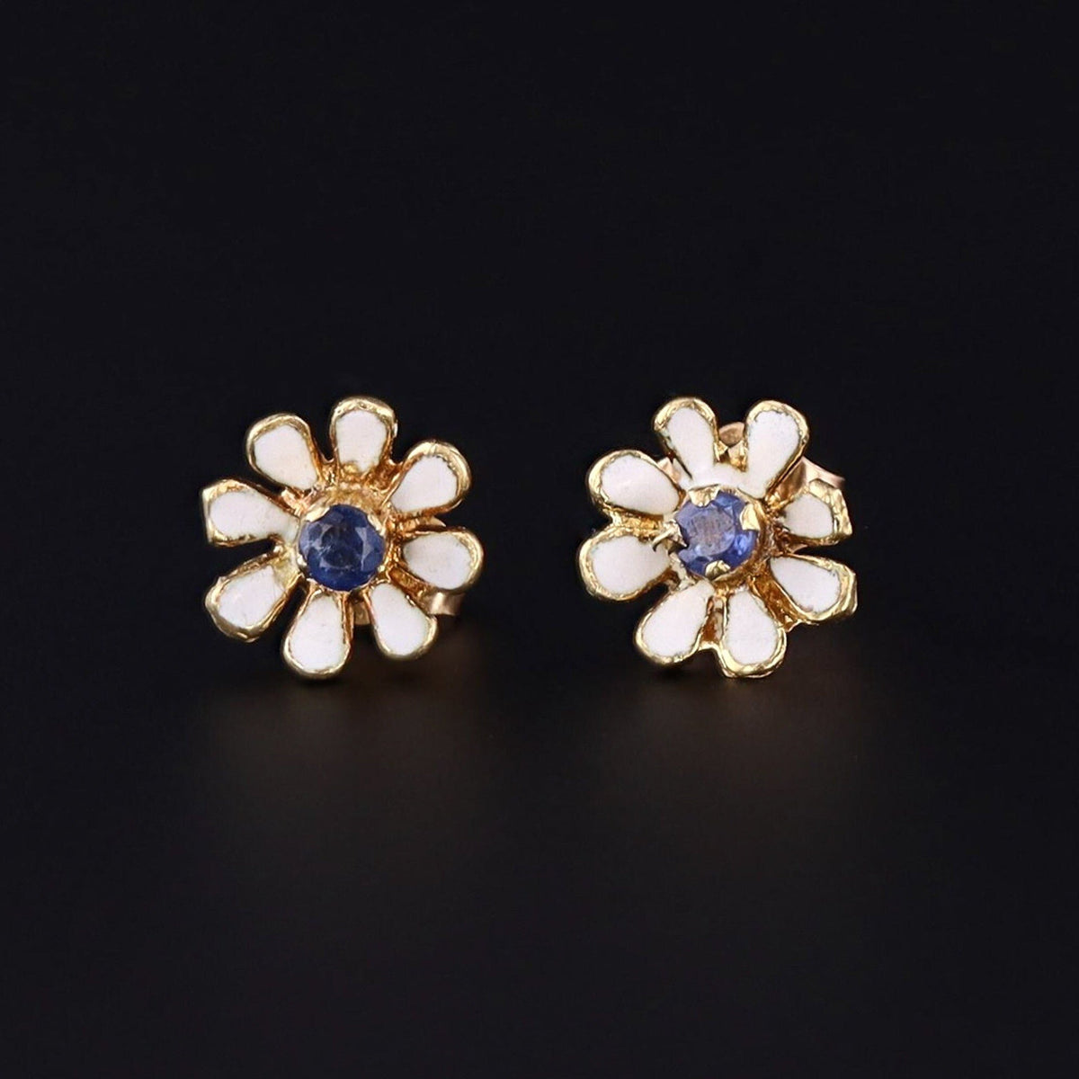 14k Gold Enamel Flower Earrings | Vintage Enamel Flower Earrings - Trademark Antiques
