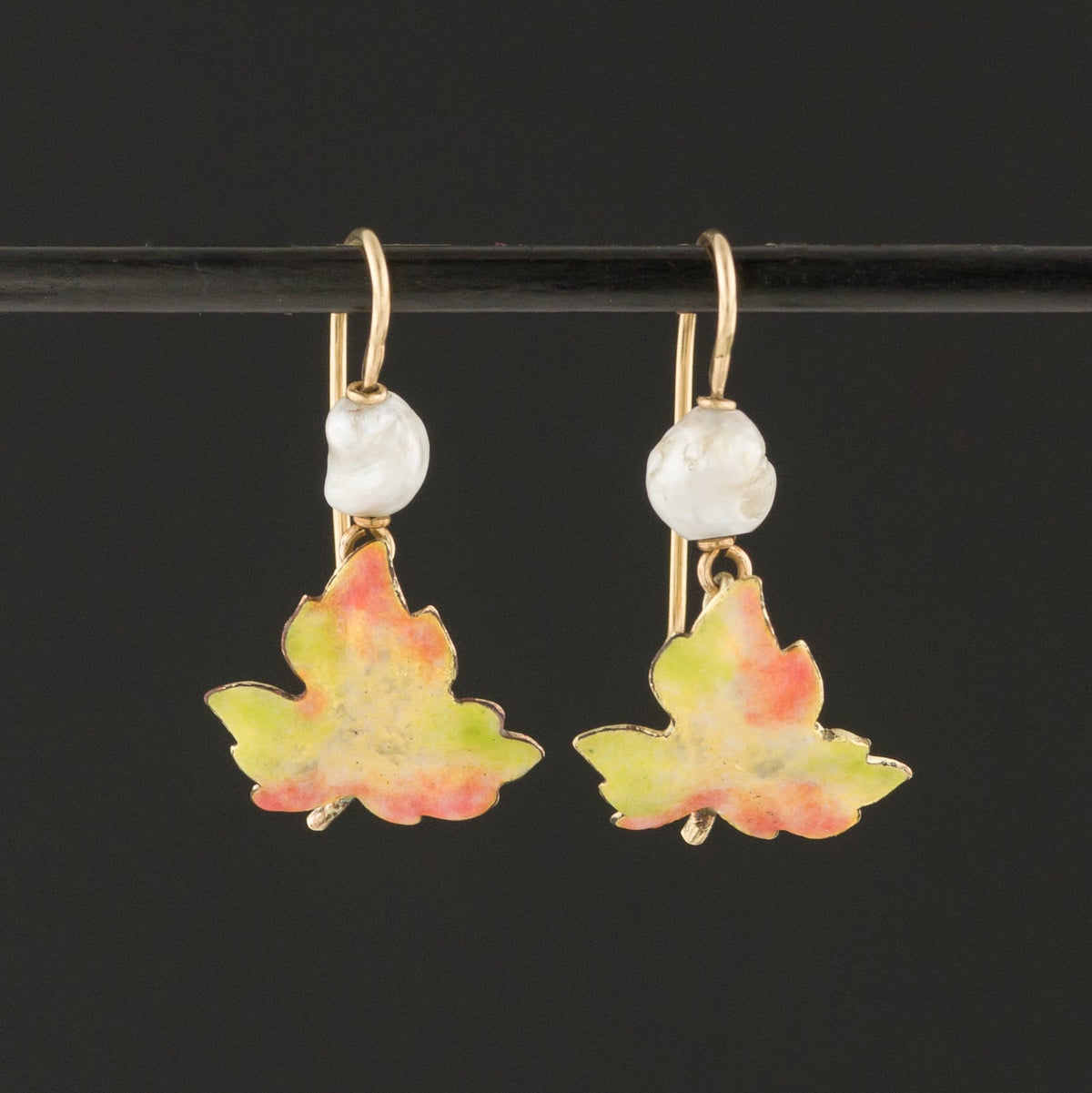 14k Gold Enamel Leaf Earrings | Antique Pin Conversion Earrings - Trademark Antiques