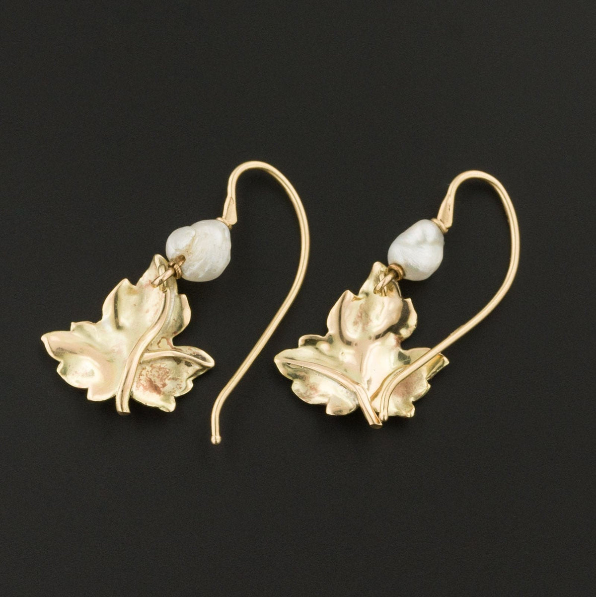 14k Gold Enamel Leaf Earrings | Antique Pin Conversion Earrings - Trademark Antiques