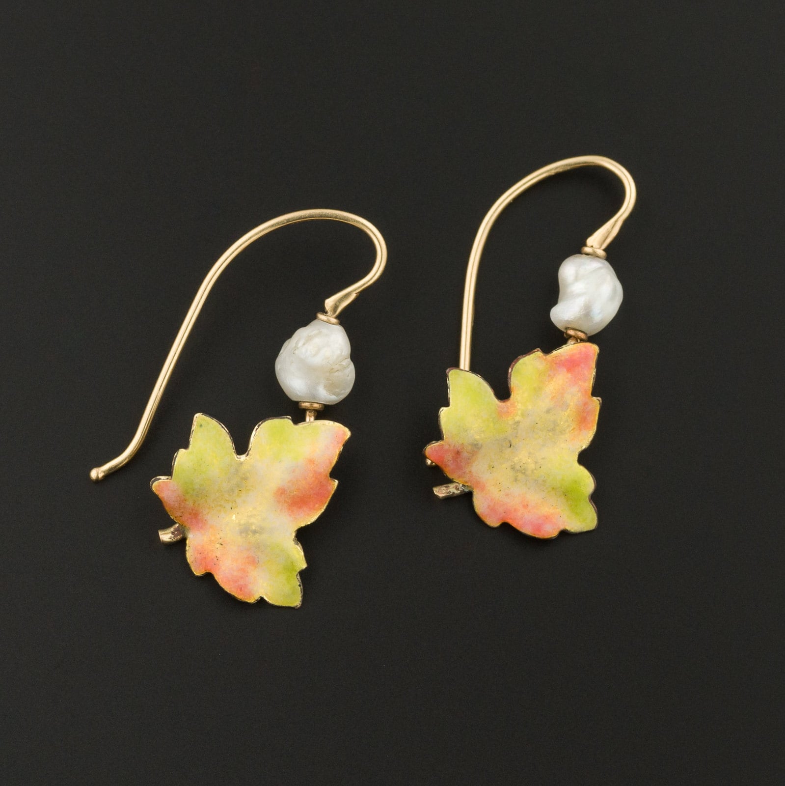 14k Gold Enamel Leaf Earrings | Antique Pin Conversion Earrings - Trademark Antiques