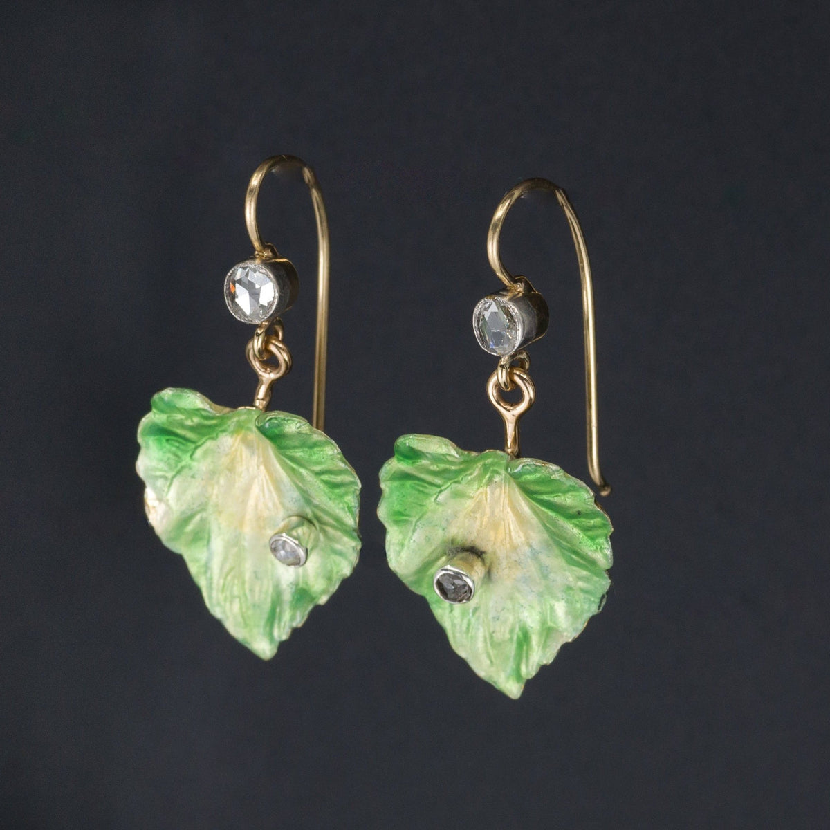 14k Gold Enamel Leaf Earrings | Antique Pin Conversion Earrings - Trademark Antiques