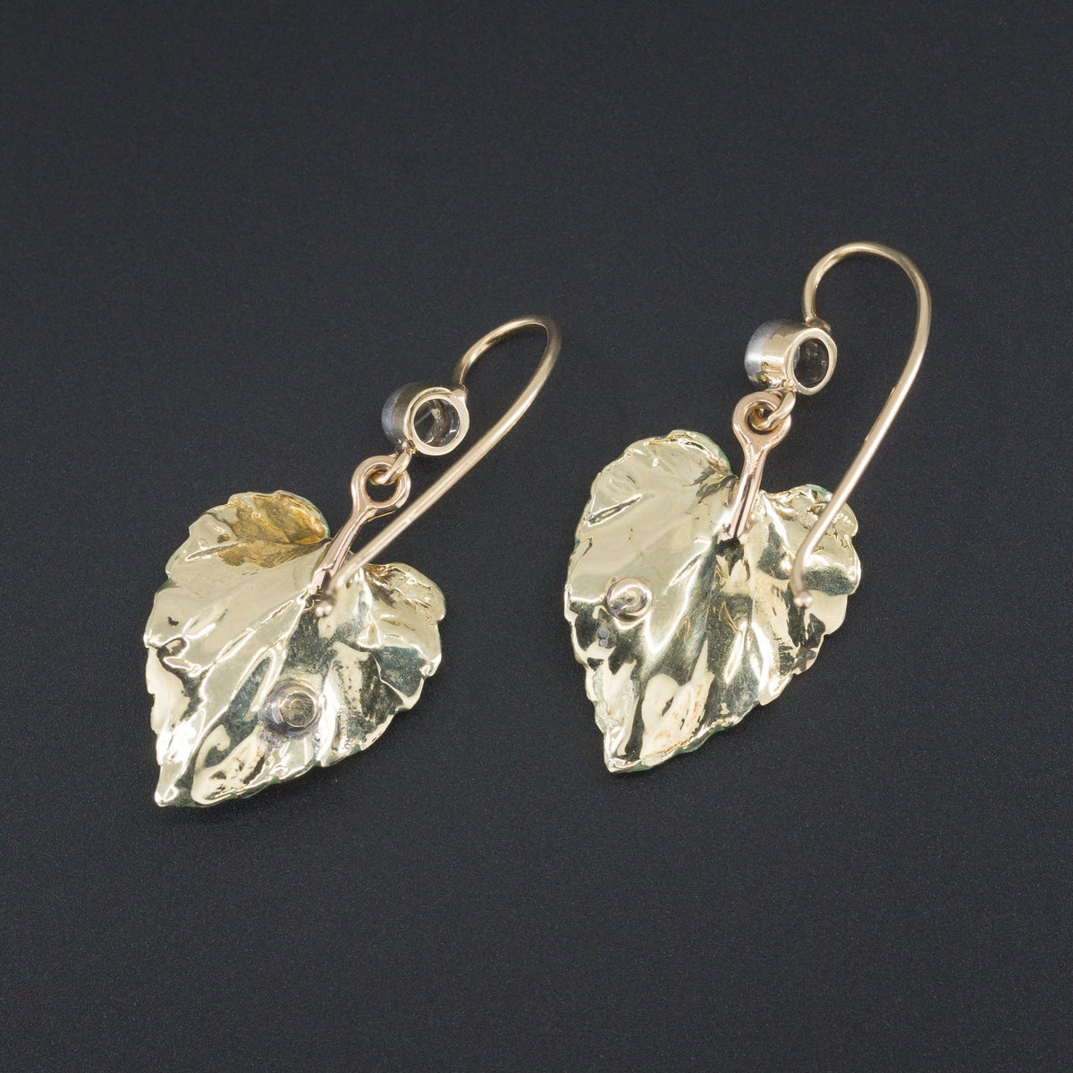 14k Gold Enamel Leaf Earrings | Antique Pin Conversion Earrings - Trademark Antiques