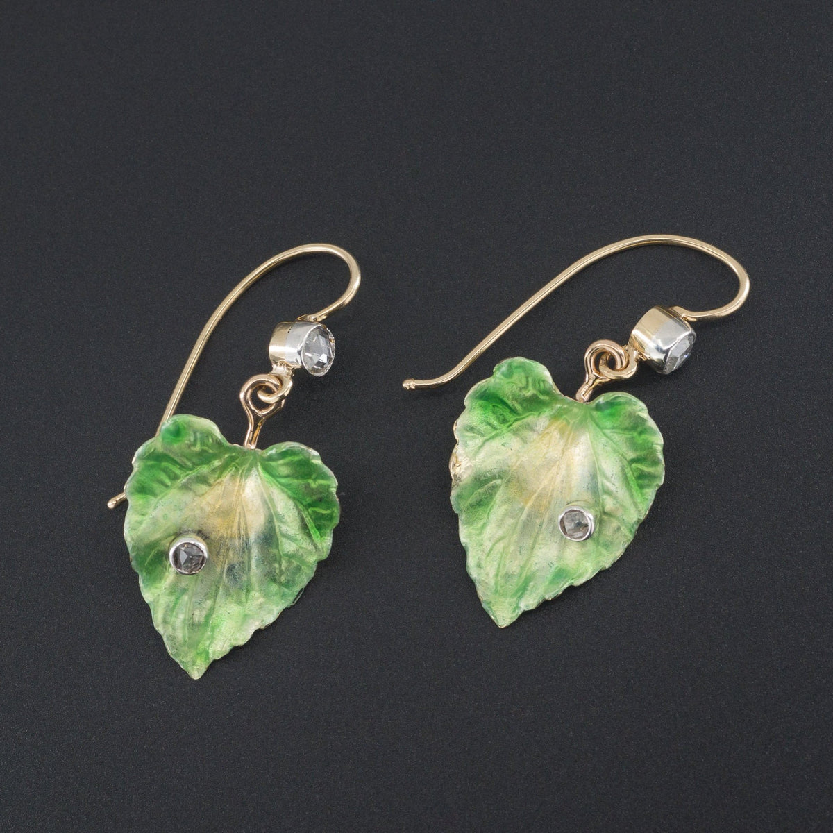 14k Gold Enamel Leaf Earrings | Antique Pin Conversion Earrings - Trademark Antiques