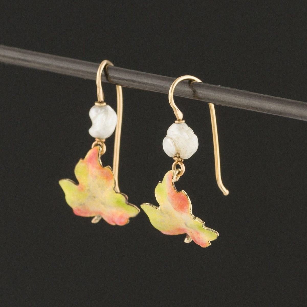 14k Gold Enamel Leaf Earrings | Antique Pin Conversion Earrings - Trademark Antiques