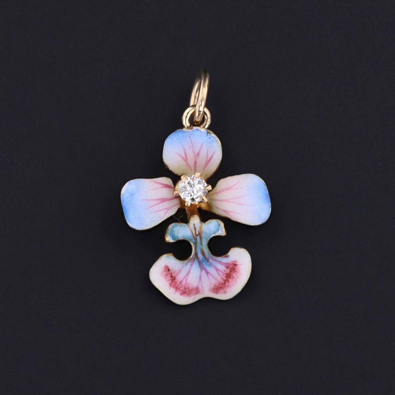14k Gold & Enamel Orchid Charm | Orchid Flower Charm - Trademark Antiques