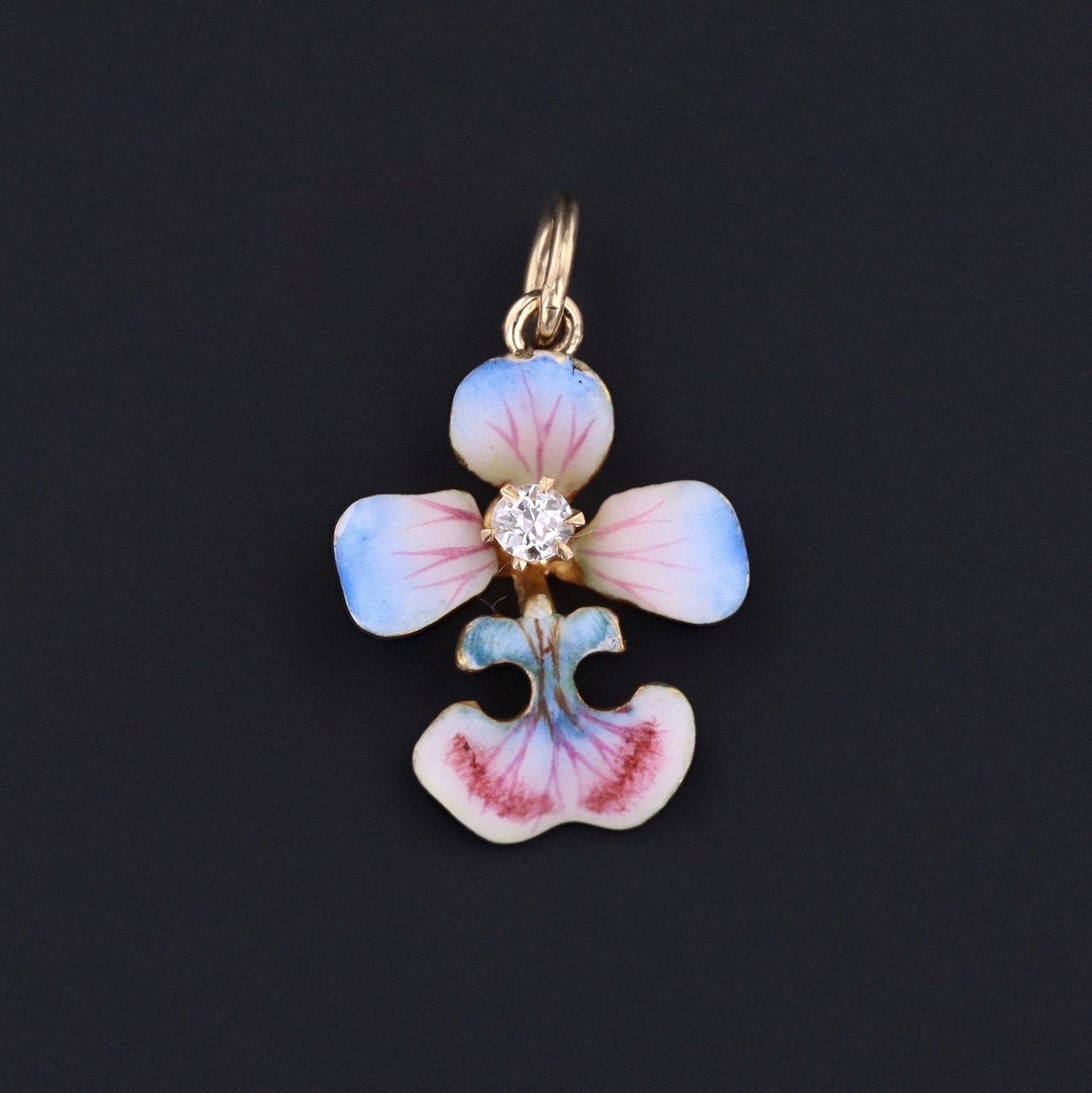 14k Gold & Enamel Orchid Charm | Orchid Flower Charm - Trademark Antiques